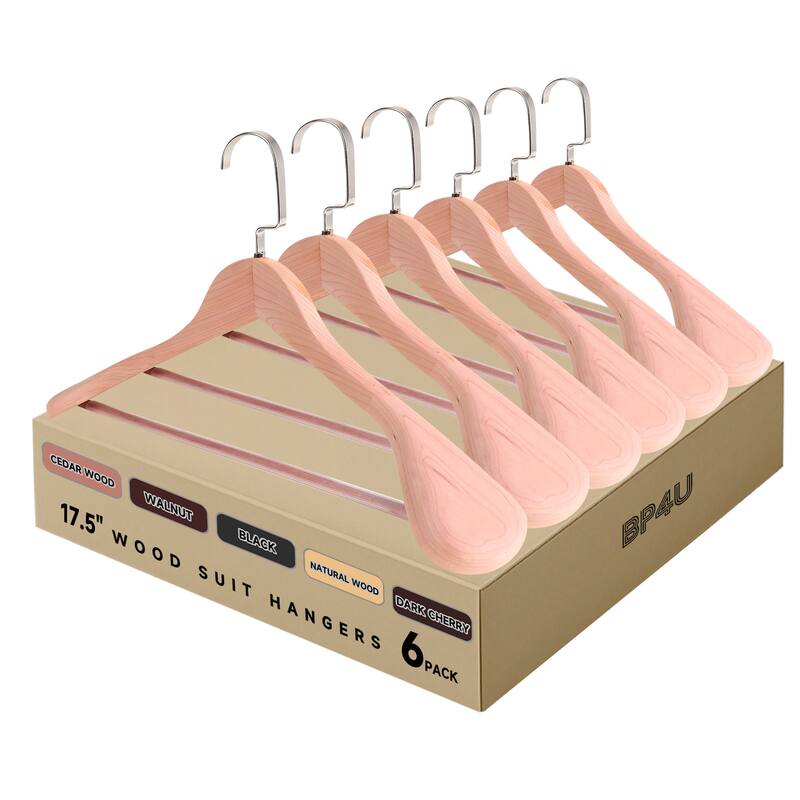 BP4U Premium Wide Shoulder Wooden Suit Hangers, 17.5-Inch Heavy-Duty Solid Wood Coat Hangers for Men's Clothes - 6-Pack - Cedar Wood