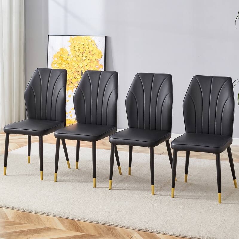 Roomfitters PU Dining Chairs with Patterned Back and Black Metal Legs, Set of 4 for Kitchen or Living Room - Black
