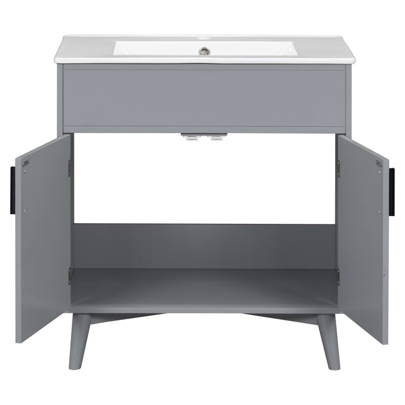 30" Wall-Mounted Bathroom Vanity with Double Door Storage, Solid Wood Frame, Space-Saving Design, Anti-Scratch Floor Mat