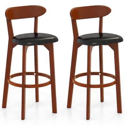 Walnut and Black Rubber Wood Bar Stools Set of 2 with PU Leather Seat and Footrest