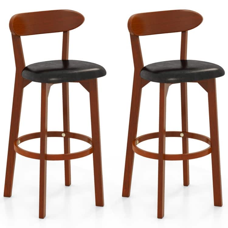 Walnut and Black Rubber Wood Bar Stools Set of 2 with PU Leather Seat and Footrest