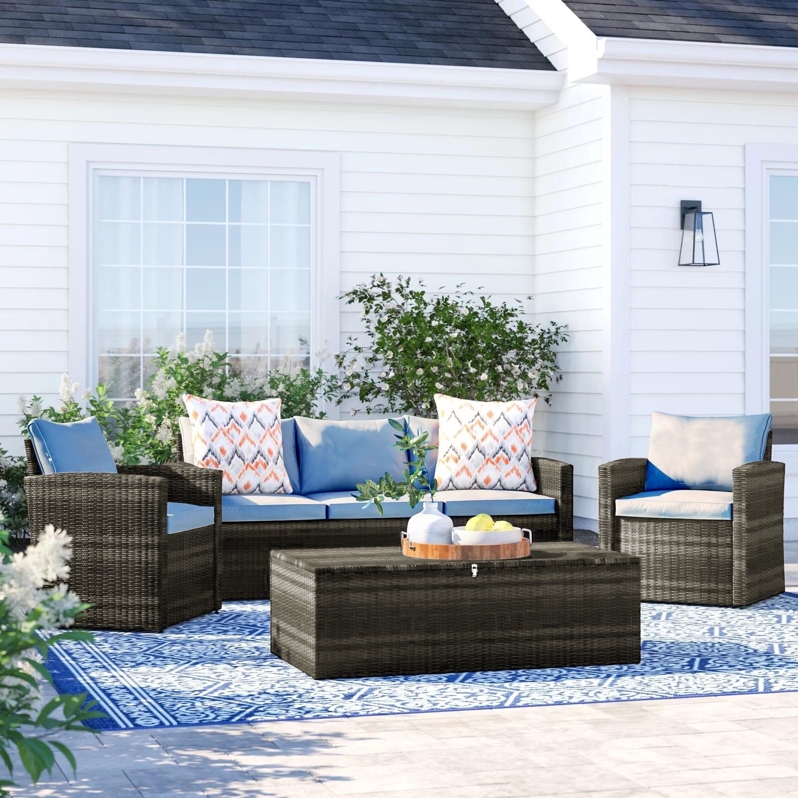 Arlington Outdoor Wicker Patio 4 Piece Conversation Set Seats 5 Light Blue Cushions by Thy Hom 9 x 12 Bed Bath Beyond 18252376