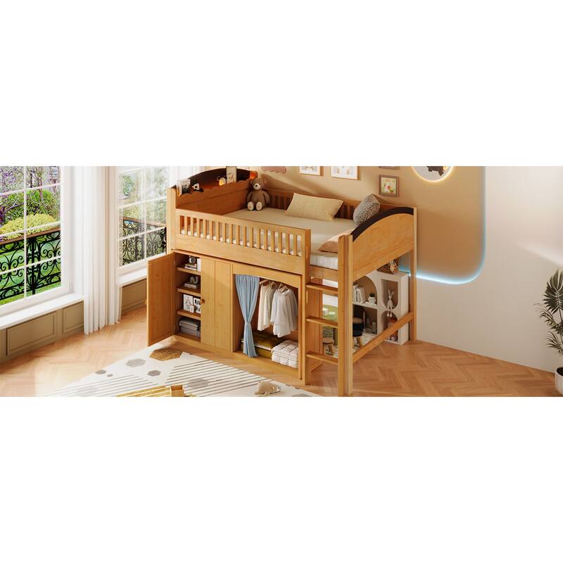 Roomfitters Twin/Full Size Loft Bed with Storage Cabinet, Wardrobe and LED Light