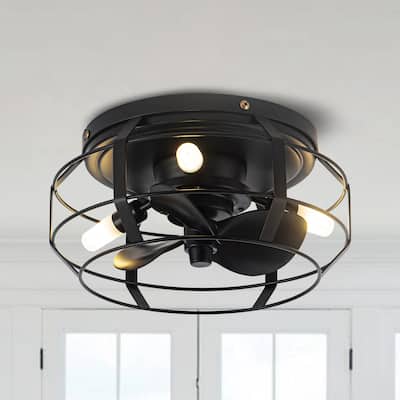 12" Black Industrial Caged Flush Mount Ceiling Fan with Lights and Remote