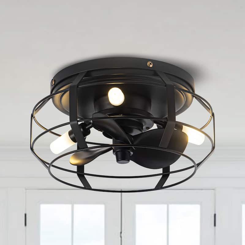 Industrial 3-Light Metal Caged Low Profile Ceiling Fan with Light - Black - Remote