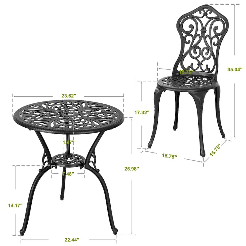 Nuu Garden Patio Cast Aluminum Bistro Set with Umbrella Hole, Black