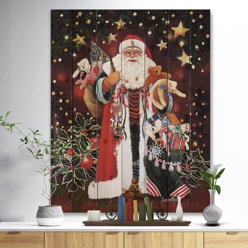 Designart 'Happy Santa Claus Magic of Christmas' Print on Natural Pine Wood - Red