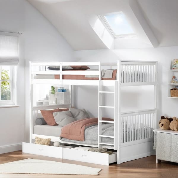 slide 2 of 9, Twin over Twin Size Bunk Bed with Ladders, Solid Wood Kids Storage Bed Frame with 2-Storage Drawers for Bedroom, White White