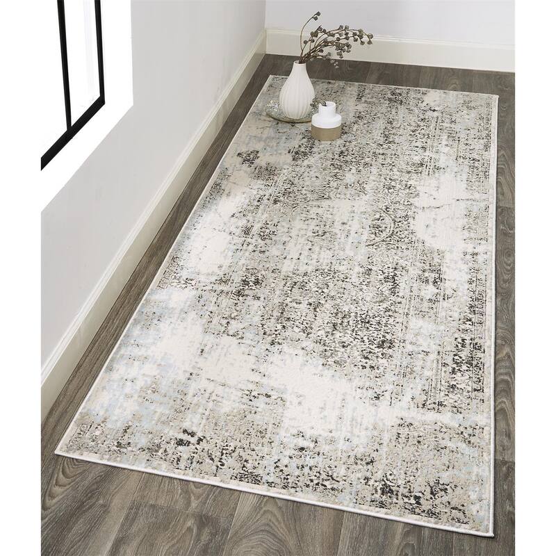 Alexander Industrial Distressed Rug, Charcoal/Sky Blue, Area Rug