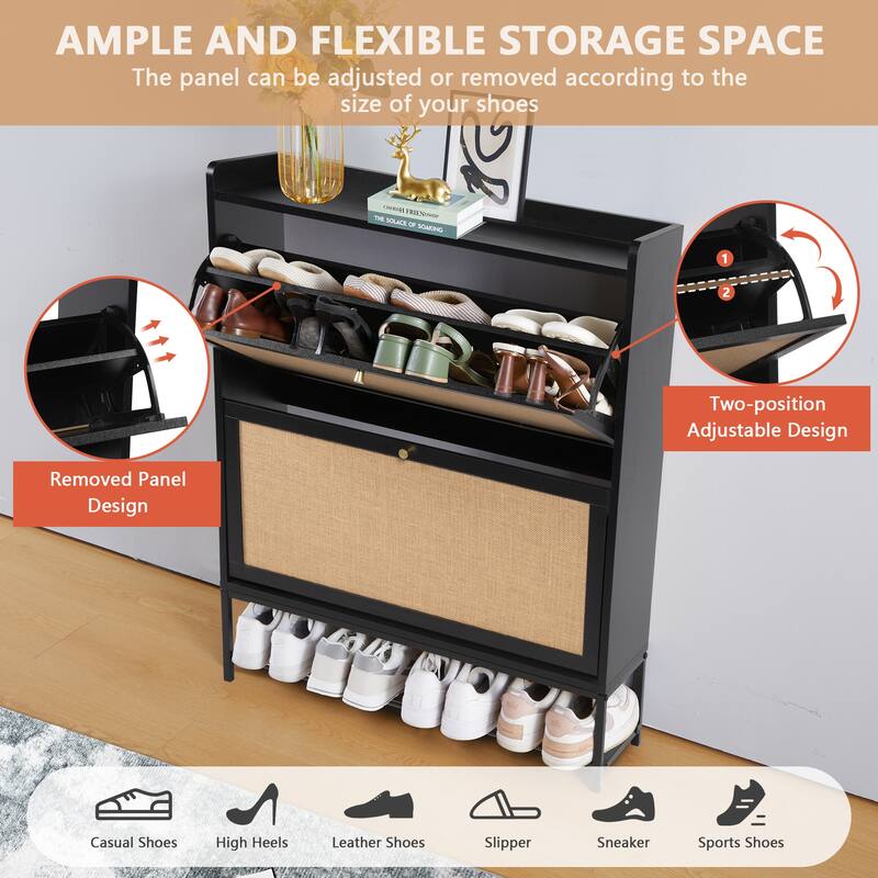 Free-standing Two-tier Flip-out Drawer Wooden Shoe Storage