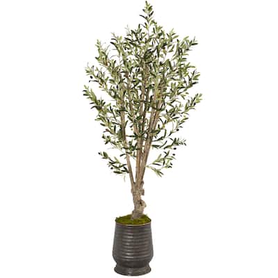 Artificial Olive Tree in Ribbed Metal Planter - 5'