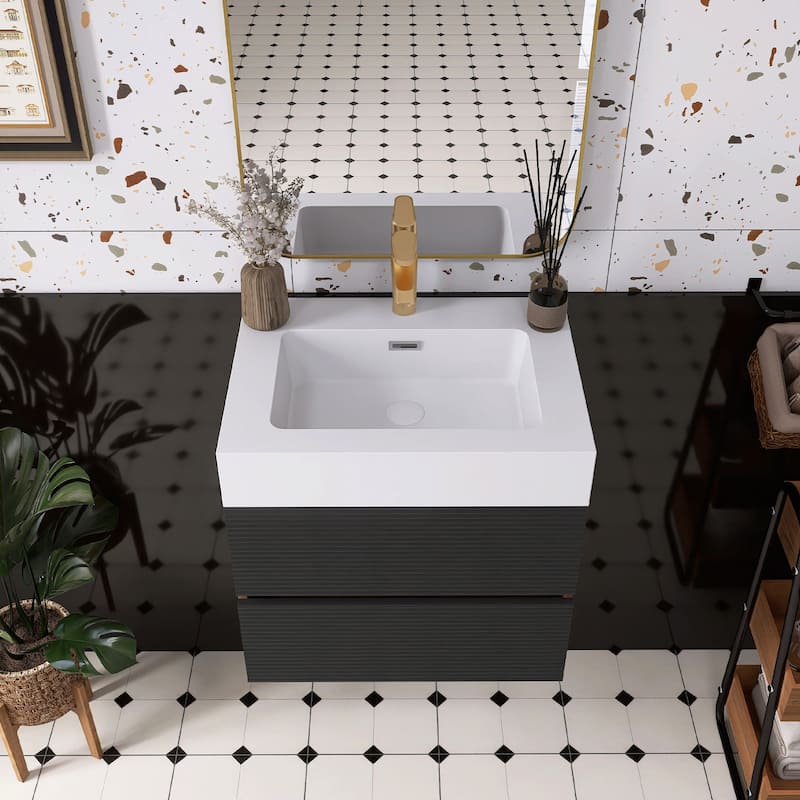 Wall Mounted Bathroom Vanity with Solid Surface Sink and Soft Drawers