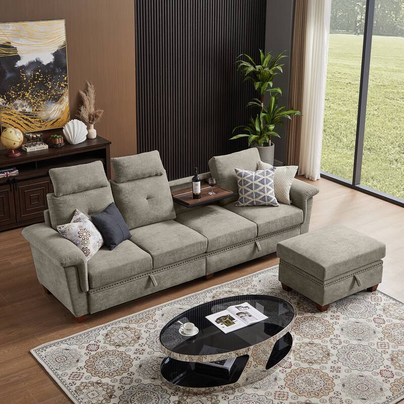 109" Modern 4 Seaters Towelling Sectional Sofa with Hidden Coffee Table Adjustable Headrest and Large Storage Space - Beige