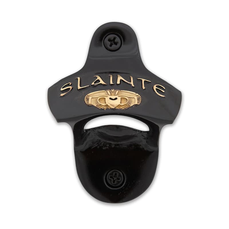 Brass Wall Bottle Opener 3.25” x 2.5” with Irish Gaelic Slainte and Heartwarming Claddagh Symbol - 3.25”H x 2.5”W