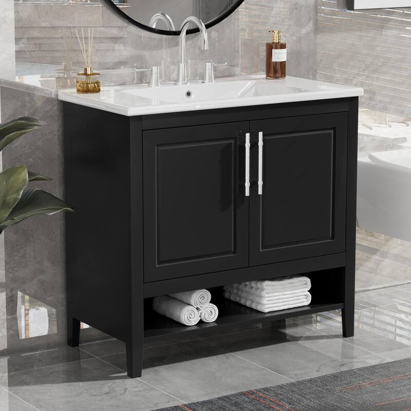 36" Black Bathroom Vanity with Ceramic Sink, Solid Wood & MDF Cabinet, Two Drawers, Doors & Open Shelf for Storage