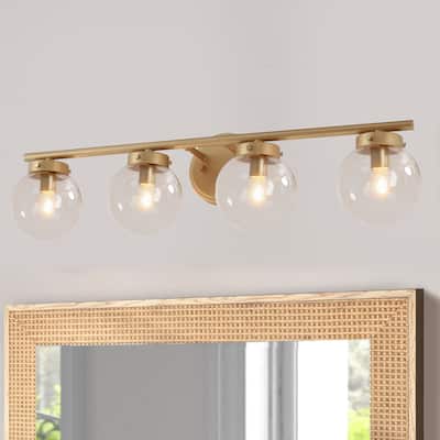 Rella 4-light Modern Gold Bathroom Vanity Light Globe Glass Dimmable Wall Sconces for Powder Room - L 28" X W 6.3" X H 7.1"