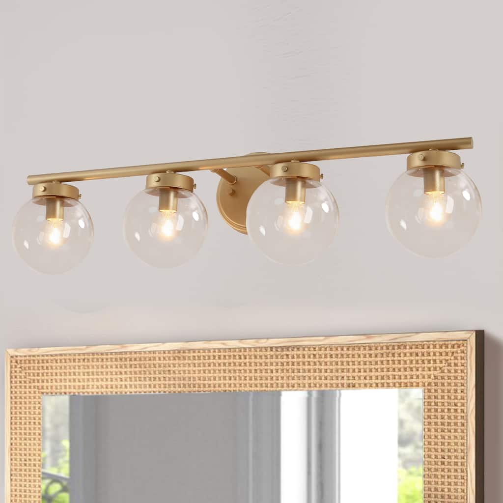 Rella 4-light Modern Gold Bathroom Vanity Light Globe Glass Dimmable Wall Sconces for Powder Room - L 28" X W 6.3" X H 7.1"