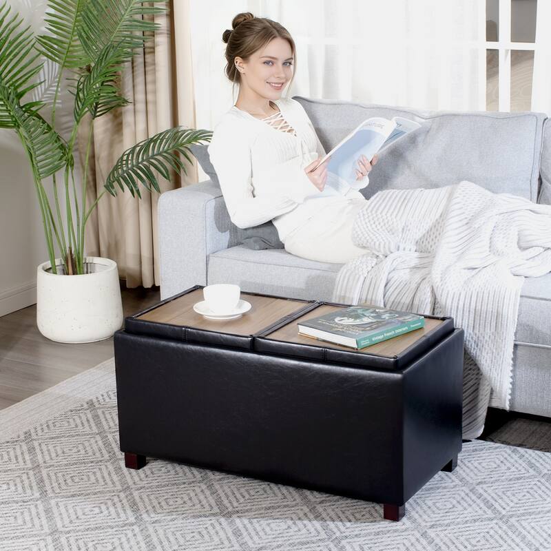 Adeco Rectangle Faux Leather Storage Ottoman with Dual Flip-Top Trays - 31.1"X15.4"X15.7