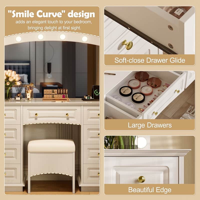Vanity Desk with 10 Hollywood Bulbs & Stool, Multi-functional Vanity Set, Dressing Table with Charging Station & 9 Drawers