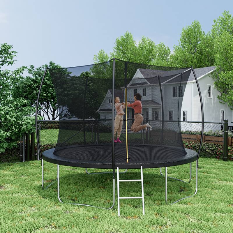 ASTM Approved Trampoline - Safety Enclosure, Ladder, Outdoor Recreational Use - Black - 143.7