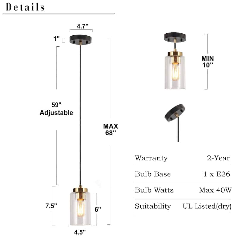 Modern Farmhouse 1-Light Black Gold Dimmable Kitchen Island Lights Cylinder Seeded Glass Pendant Lights for Dining Room