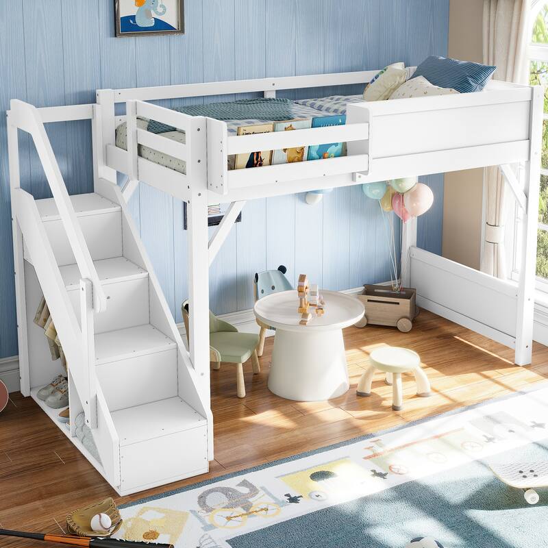 Roomfitters Loft Bed with Wardrobe and Storage Stairs, Solid Wood Frame with Bedside Shelves - Light White - Twin
