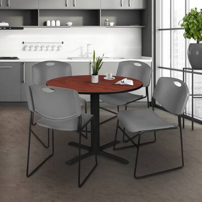 Round 42-inch Table and 4 Zeng Stackable Grey Chairs