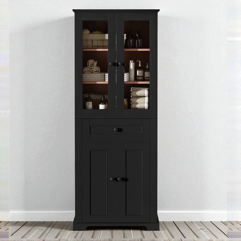 67.2" Tall Bathroom Storage Cabinet with Tempered Glass Doors, Adjustable Shelves, Soft-Close Design - Black
