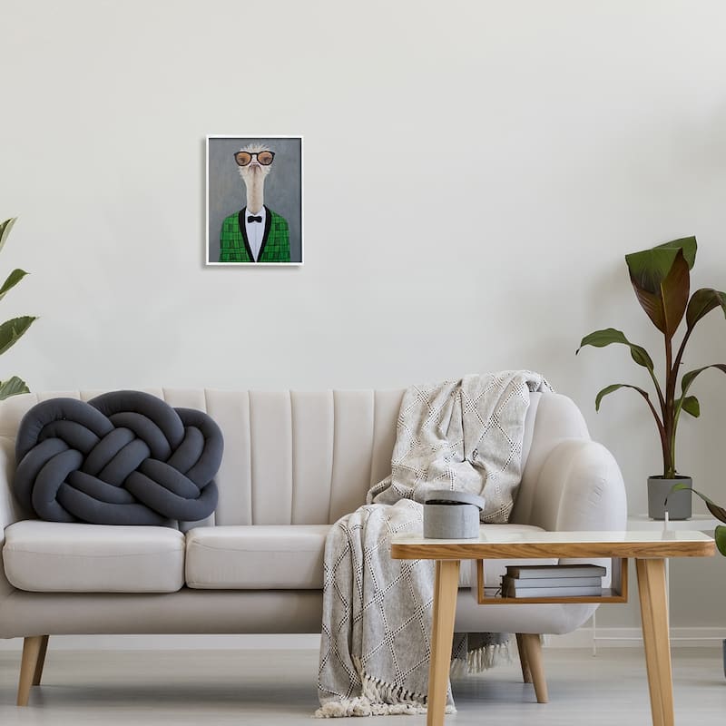Stupell Charming Ostrich Bird Bowtie Sunglasses Green Cardigan Framed Wall Art
