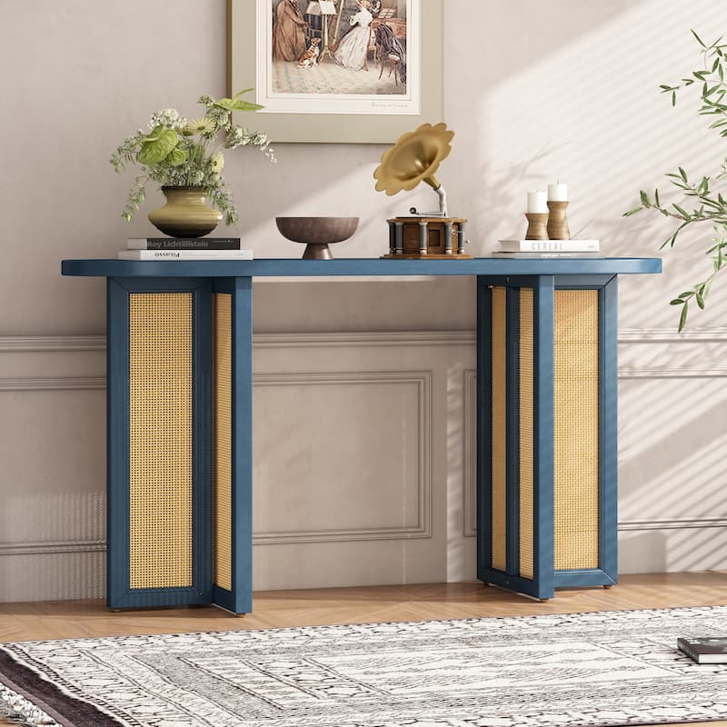 Acacia Veneer Rattan Console Table Narrow Hallway Tables with Oval Table Top, Entryway Table with Storage Drawers Navy Blue