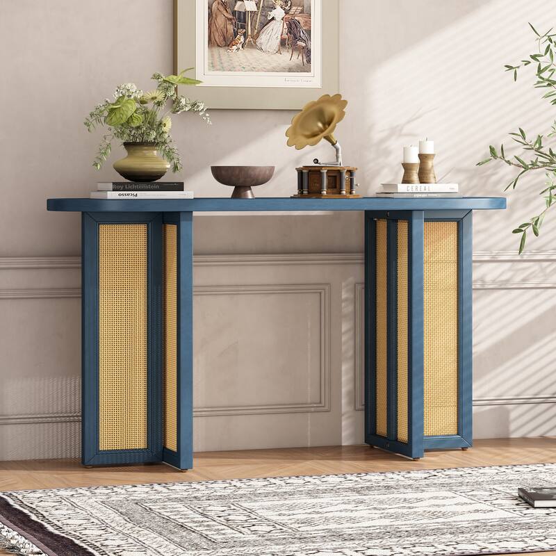 Farmhouse Rattan Console Table with Oval Top, Narrow Entryway Table Hallway Table Living Room Accent Table