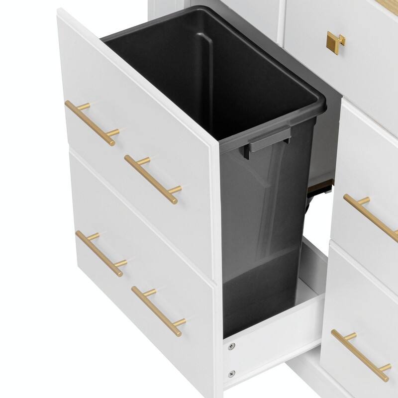Rolling Kitchen Island with 6 Drawers, Pull-Out Trash Can Storage, Drop Leaf, Power Outlet & Side Racks