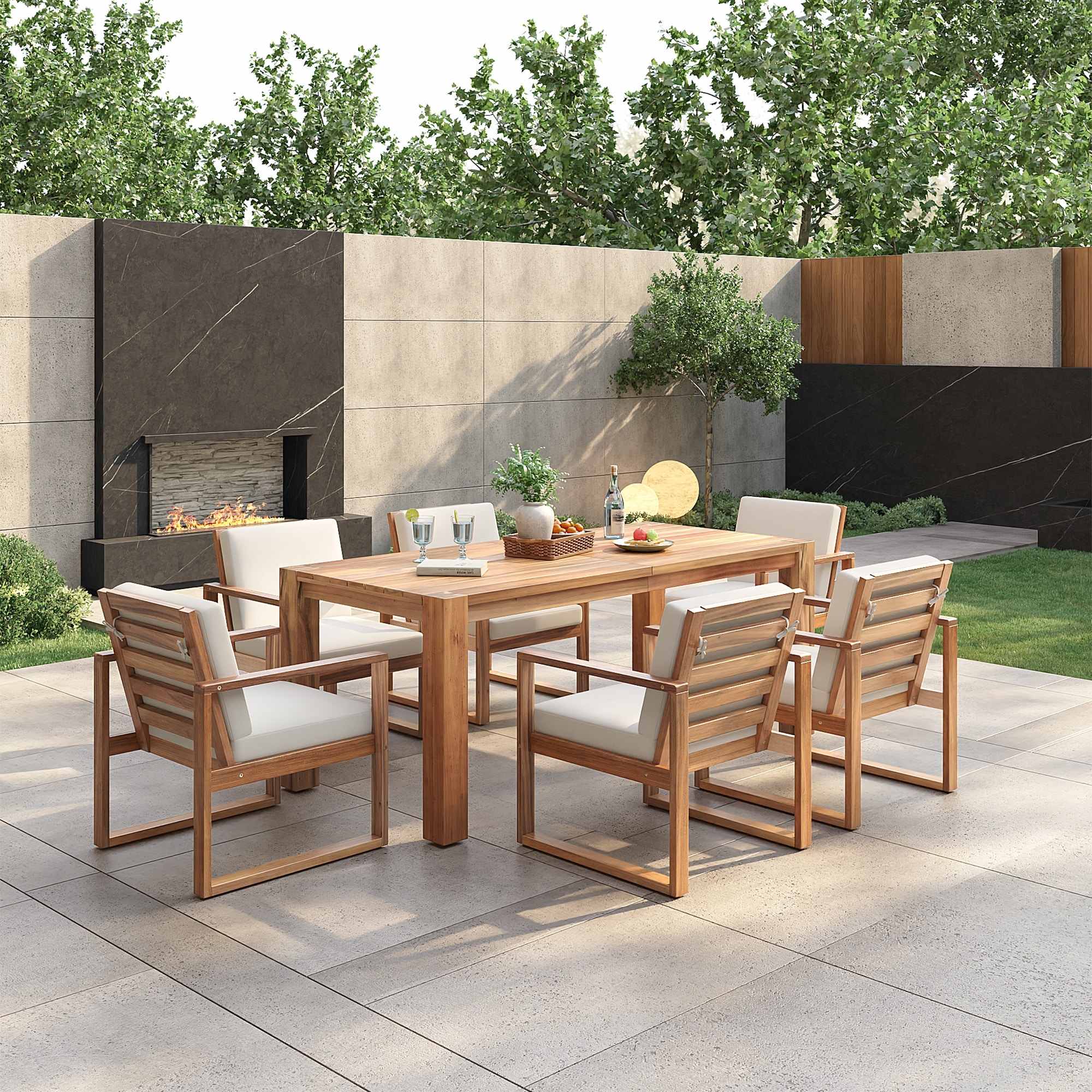 7 Piece Outdoor Acacia Wood Dining Table Set, Patio Furniture Set with Umbrella Hole, Dining Chairs with Removable Cushion