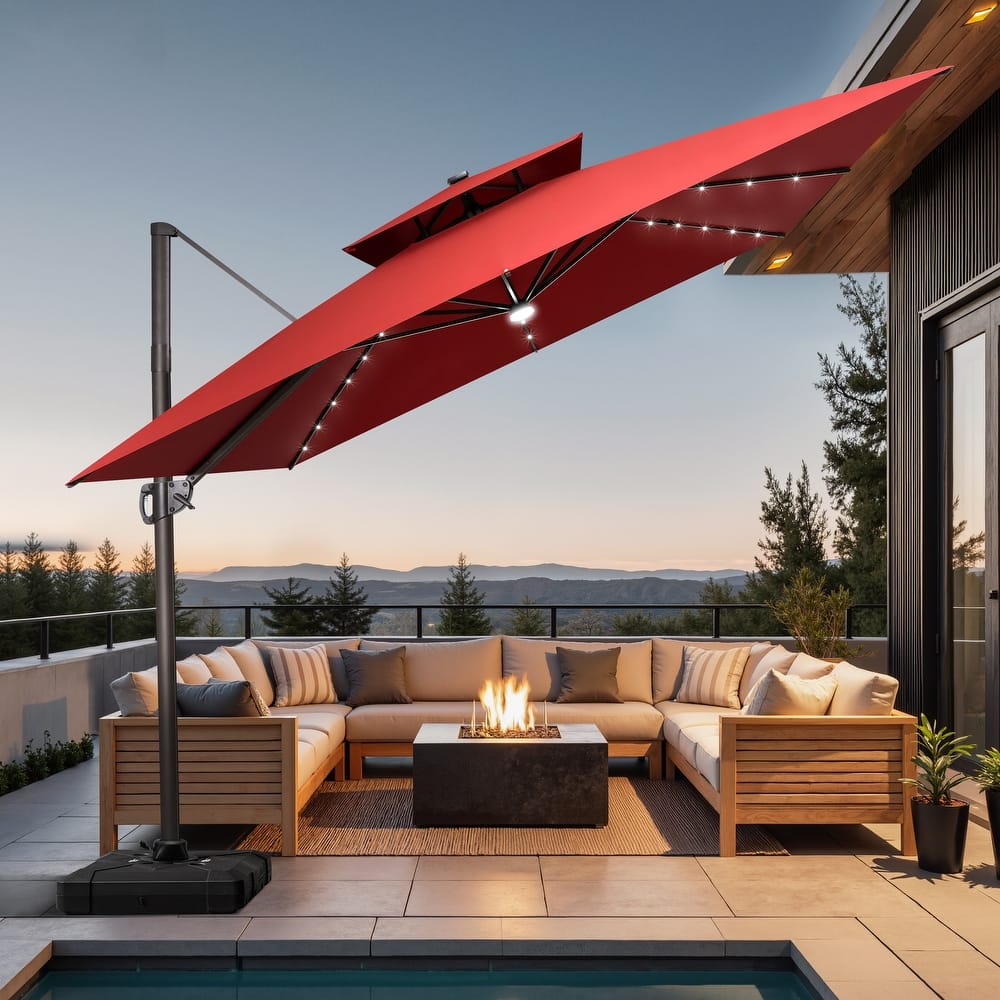 11 FT Square Outdoor Patio Cantilever Umbrella with Solar Lights Wheeled Base Double Canopy 360 Rotation Tilt