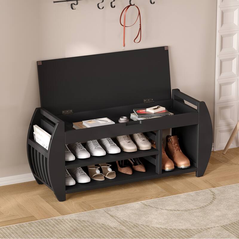 Shoe Bench 2-Tier Storage Bench with Cushion & Curved Side Holder, Wooden Panel Shoe Rack Organizer for Entryway, Living Room