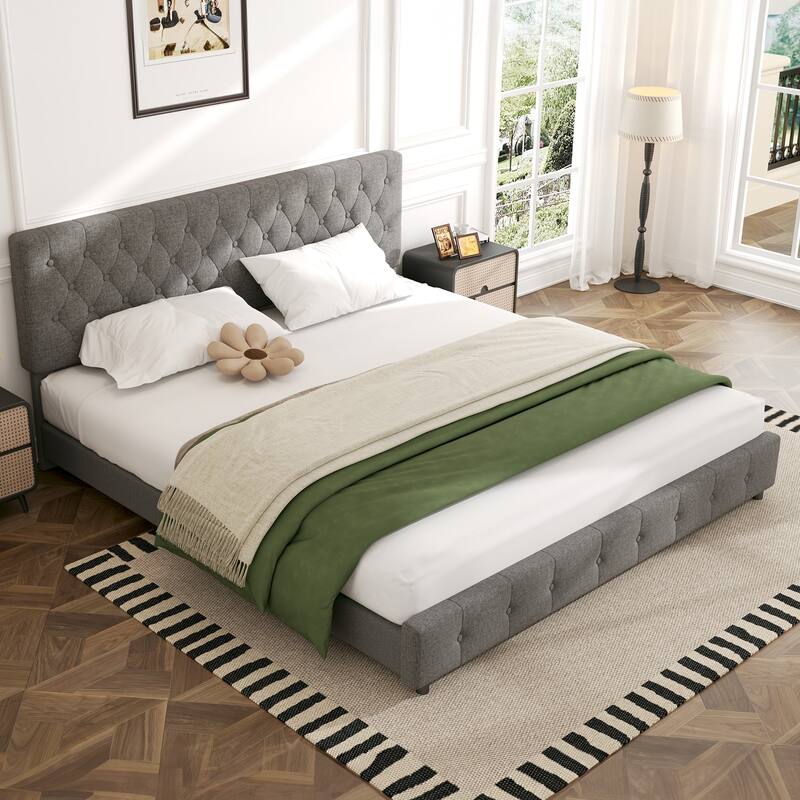 Linen Upholstered Headboard Bed Frame with Large Hidden Storage, 4 Underbed Drawers with Pulleys