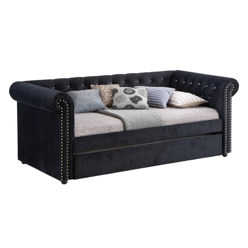 Ellen Trundle Daybed, Black Fabric Upholstery, Rolled Arms, Nailhead Trim