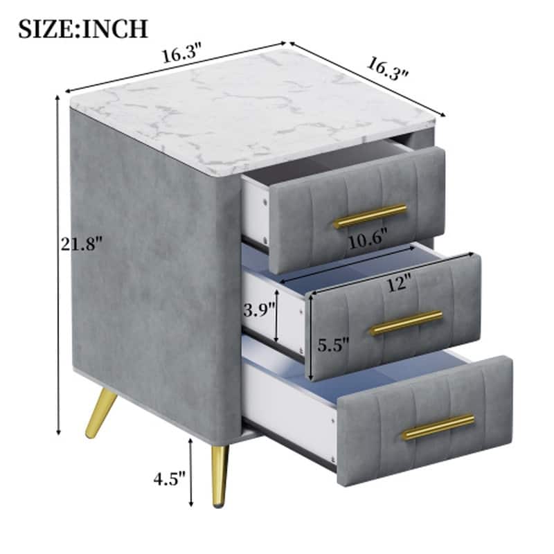 Velvet Nightstand with Storage, Round /Square Bedside Table with 3 Drawers, Metal Handles,Marbling Stickers Top