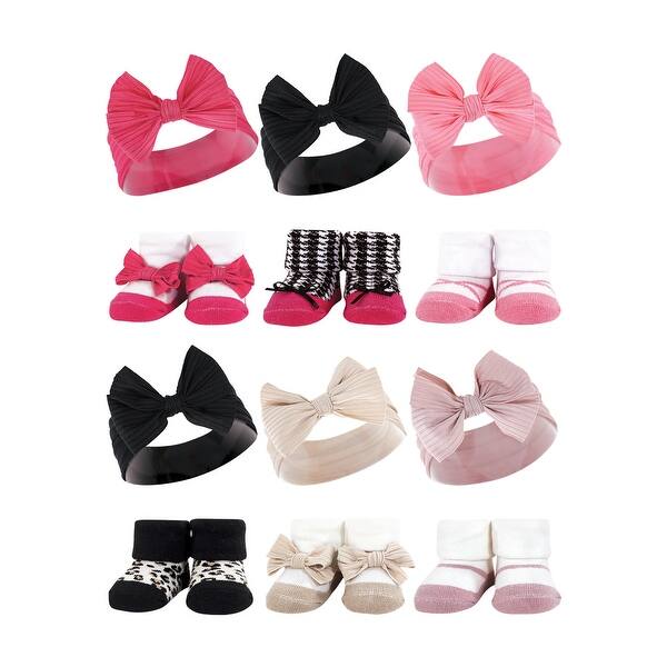 slide 1 of 1, Hudson Baby Infant Girl 12Pc Headband and Socks Giftset, Pink Black Taupe Pink, One Size - Pink Black Taupe Pink Pink Black Taupe Pink - One Size