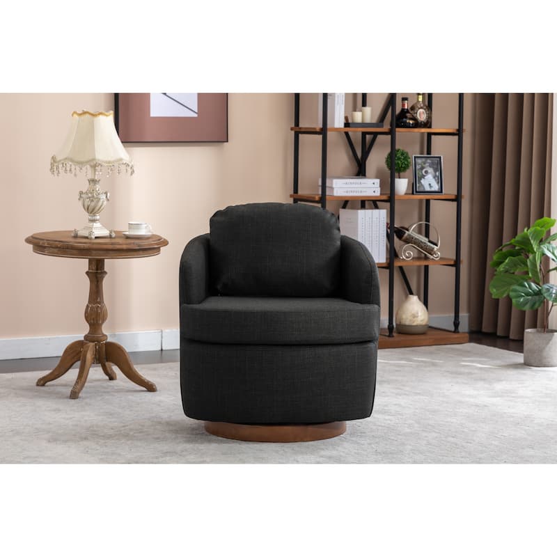 Linen Fabric Swivel Accent Chair With Soild Wood Round Brown Base Leg