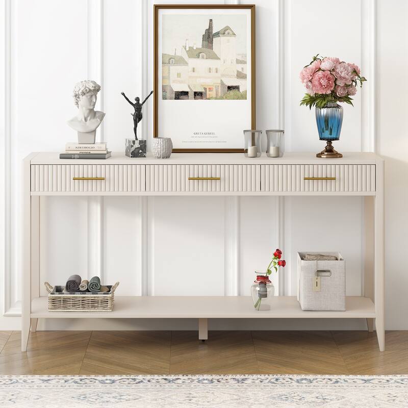 Entryway Console Table with Vertical Stripe Drawers - Beige