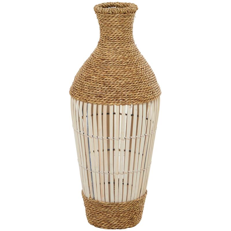 Brown Seagrass Handmade Wrapped Tall Floor Vase with Open Framed Cream Bamboo Center