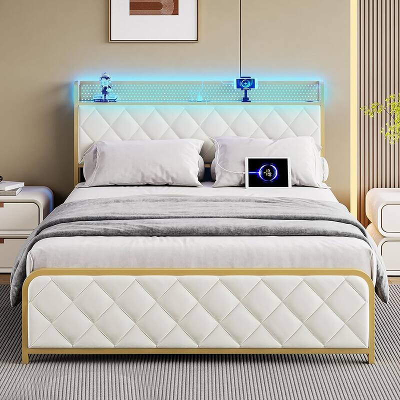 Velvet Upholstered Bed Frame with LED Light and Charging Station