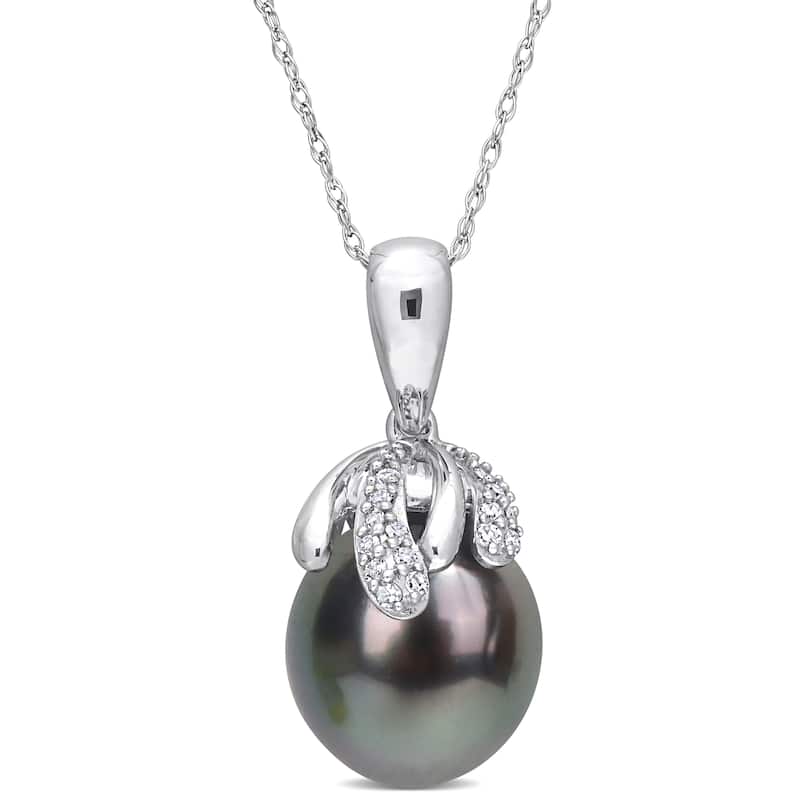 Miadora Black Tahitian Cultured Pearl and Diamond Accent Drop Pendant in 14k White Gold (9-10mm)