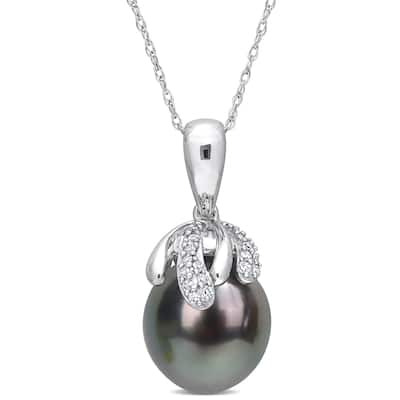 Miadora Black Tahitian Cultured Pearl and Diamond Accent Drop Pendant in 14k White Gold (9-10mm)