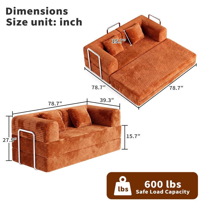 Convertible Floor Sofa Bed Boneless Corduroy Sofa, 78.7" Foldable Compressed Loveseat Lounge Sleeper 2 Seater Couches