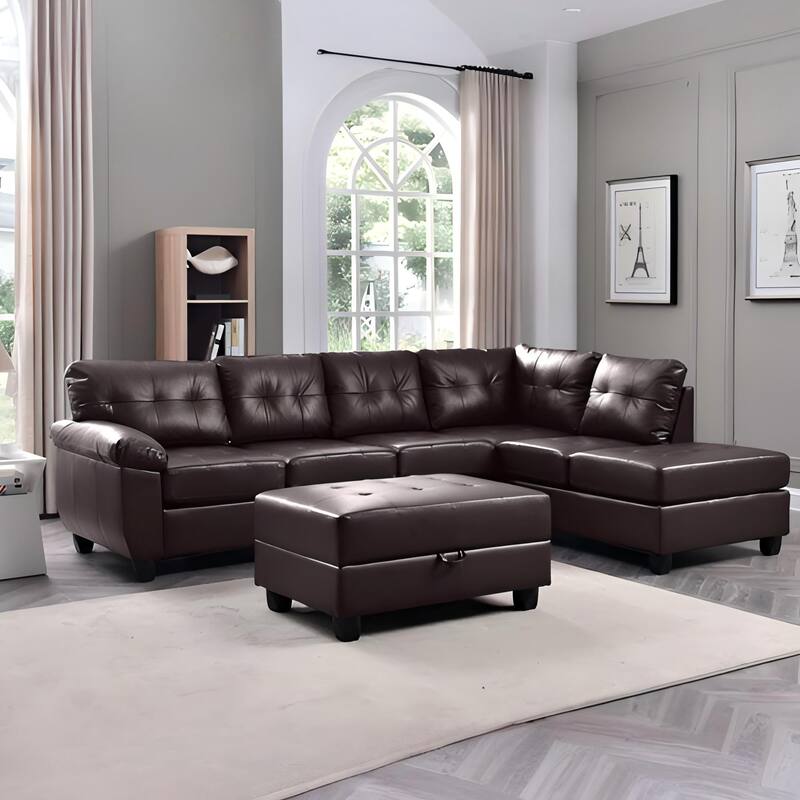 Sectional Sofa, Cappuccino, PU, 111x78x32 inches, 205 lbs, Removable Backs, Adjustable Chaise