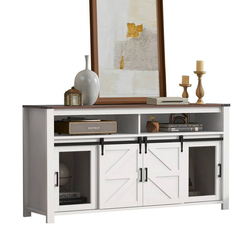 Farmhouse 59.3" Sideboard Buffet with Sliding Barn Doors and Open Storage for Living or Dining Spaces