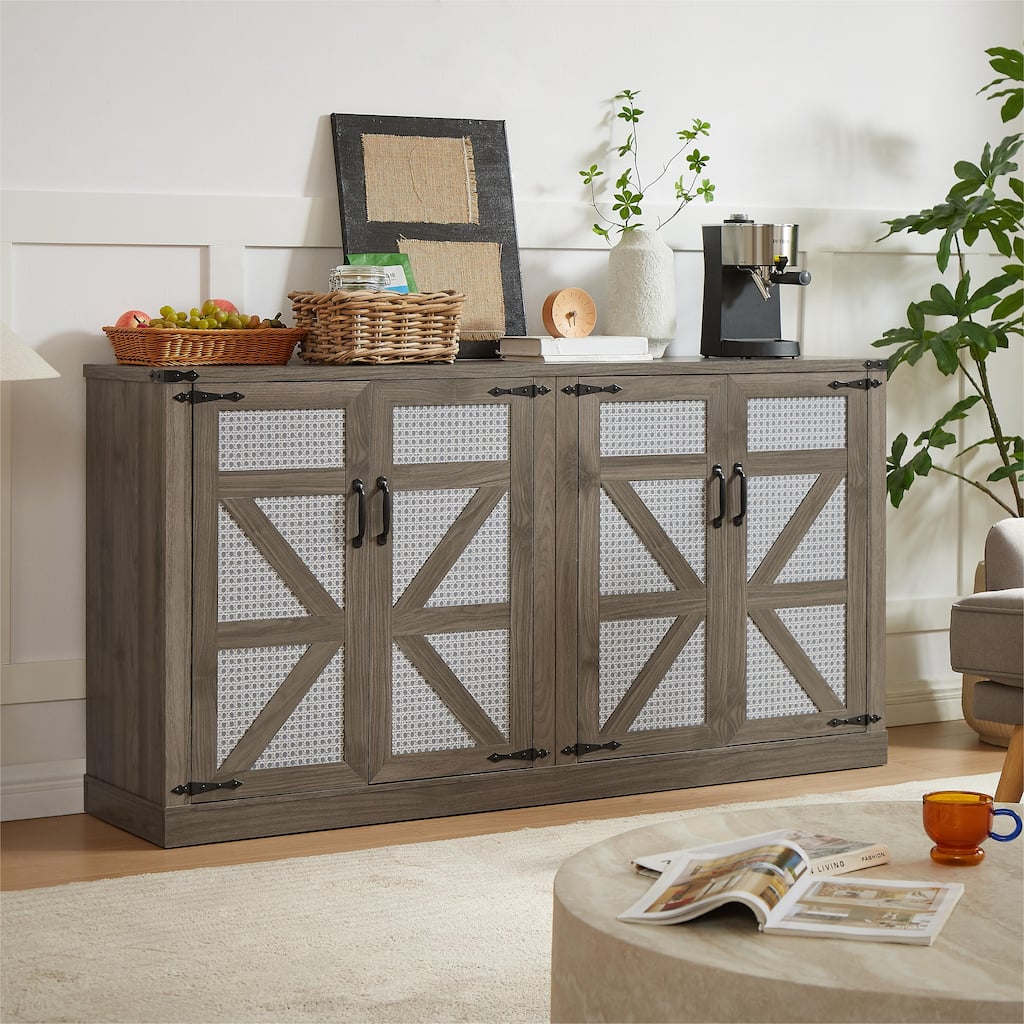 65-Inch Slate Gray Faux Rattan Sideboard with Barn Doors Rustic Sideboard, 4-Door Storage
