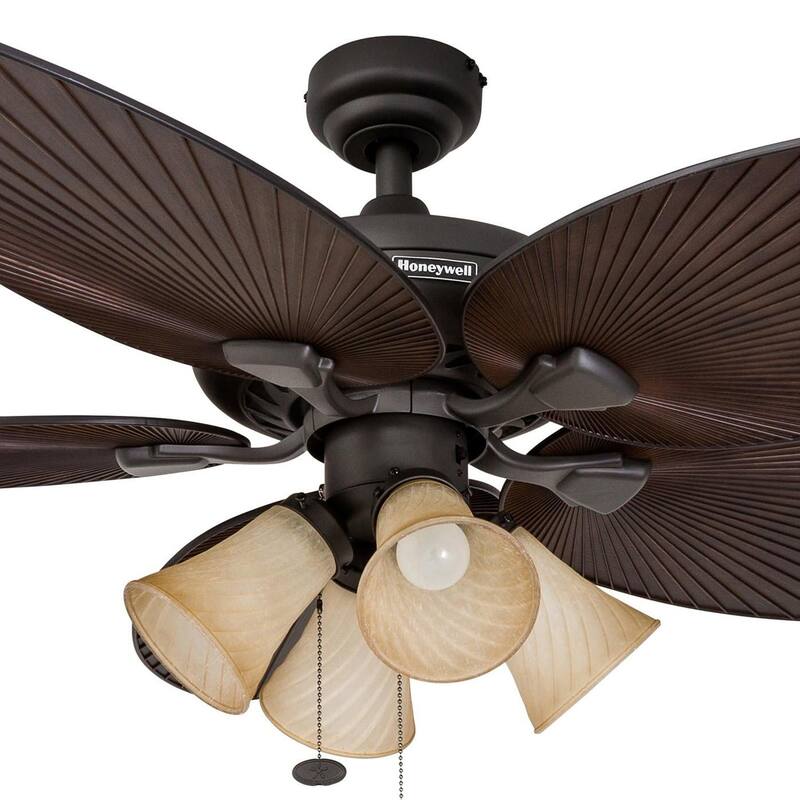 52" Honeywell Palm Island Bronze Indoor/Outdoor Ceiling Fan with Light, Pull Chain, 5 Palm Leaf Blades